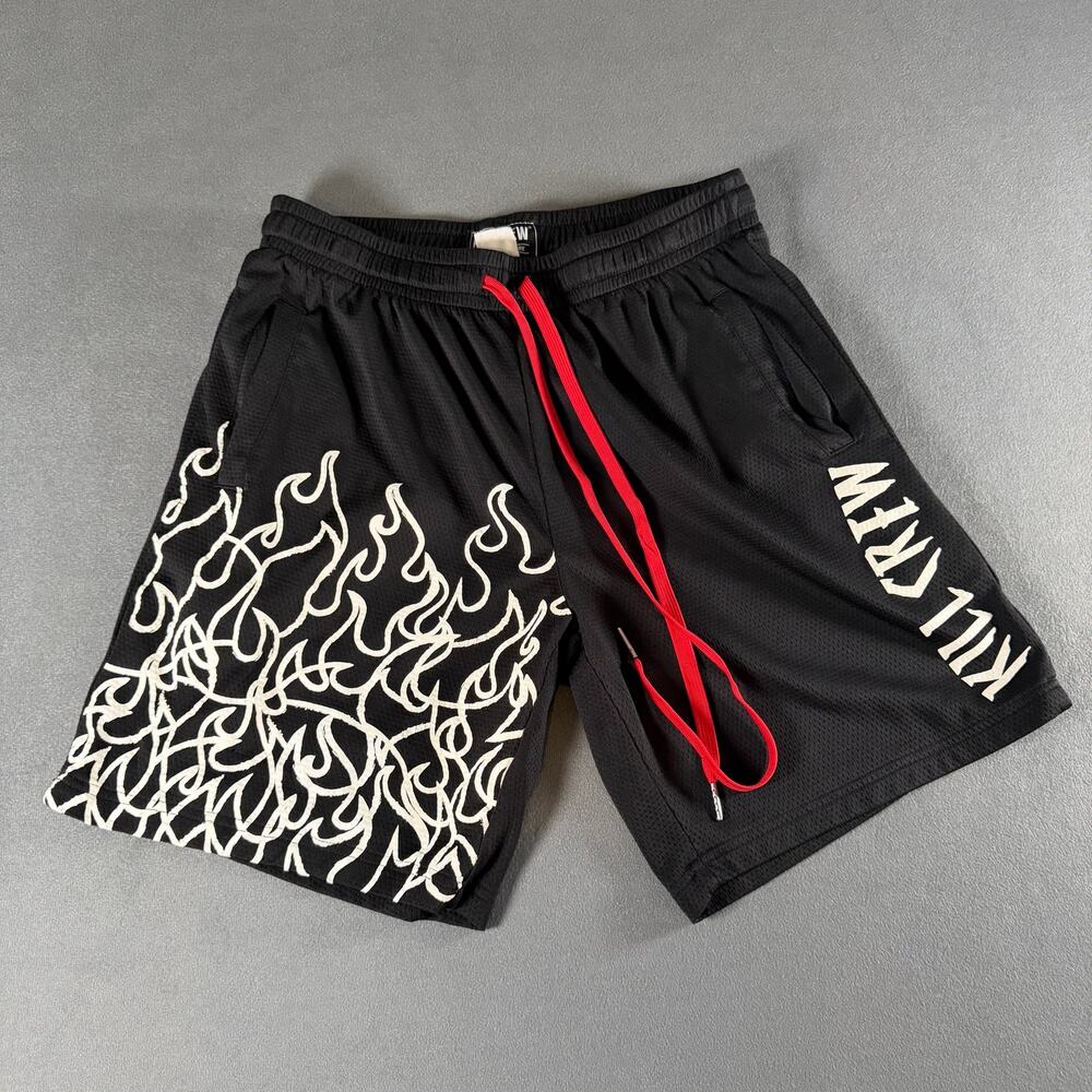 Kill Crew Men's Black Mesh Flame Graphic Athletic Gym Shorts - Size M
